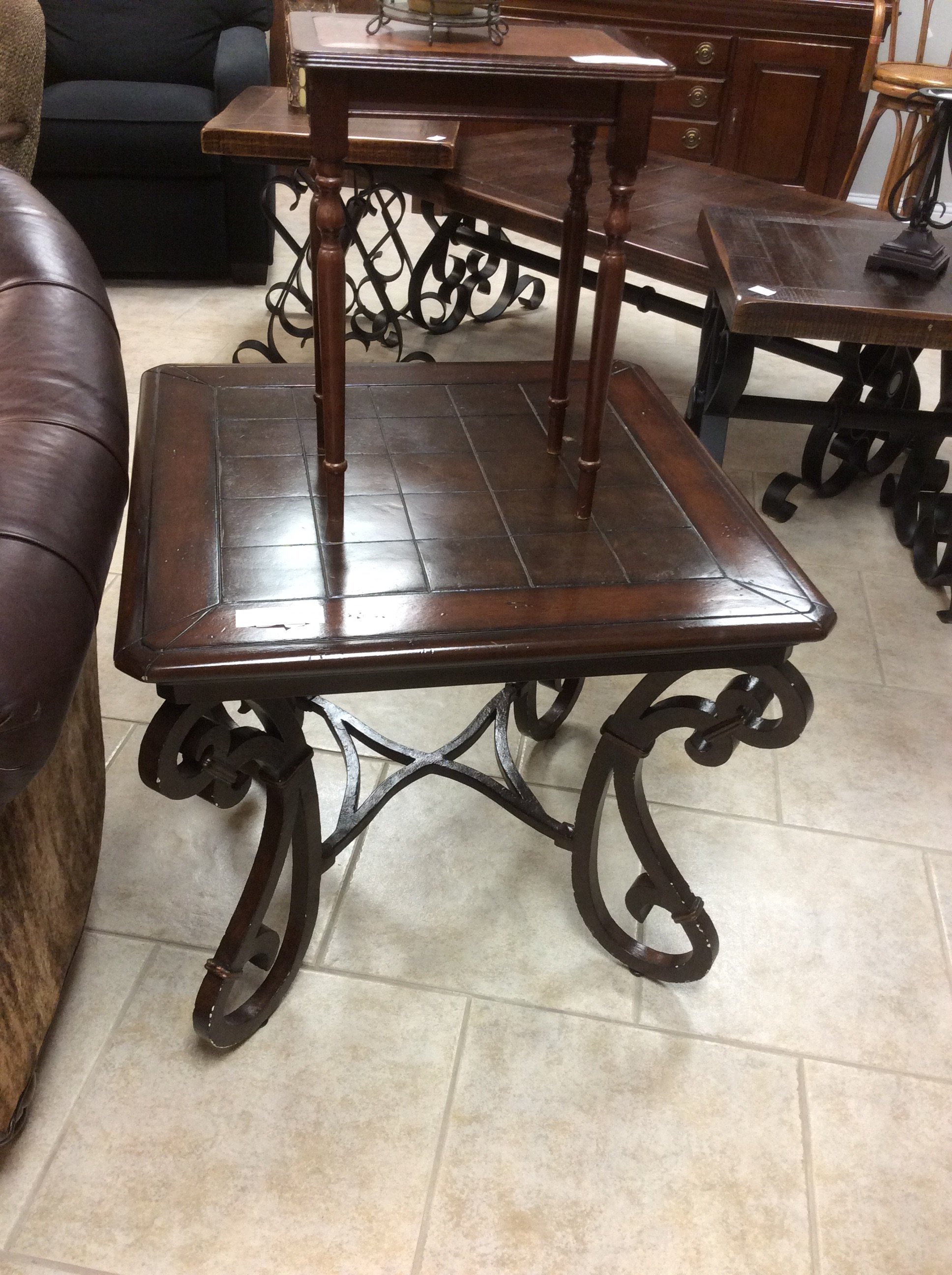 Pr Wood Iron End Tables Riverbridge Re Consignment These Tables Are Very Heavy Duty The Scrolled Metal Bases Have A Painted Shabby Chic